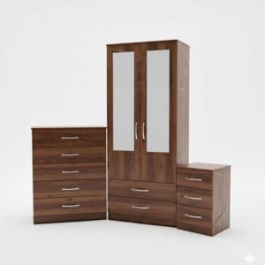 *Modern Walnut Finish 2-Door Wardrobe with Mirror & Matching Chest of Drawers Set*