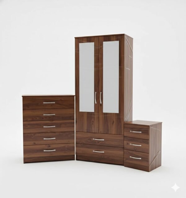 *Modern Walnut Finish 2-Door Wardrobe with Mirror & Matching Chest of Drawers Set*