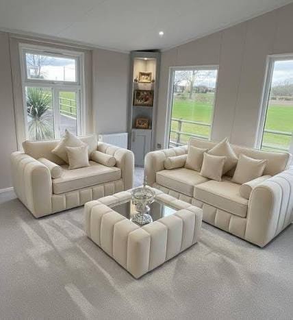 Lilly Sofa 3+2 Seater with Footstool – Luxury Pink Velvet Sofa Set