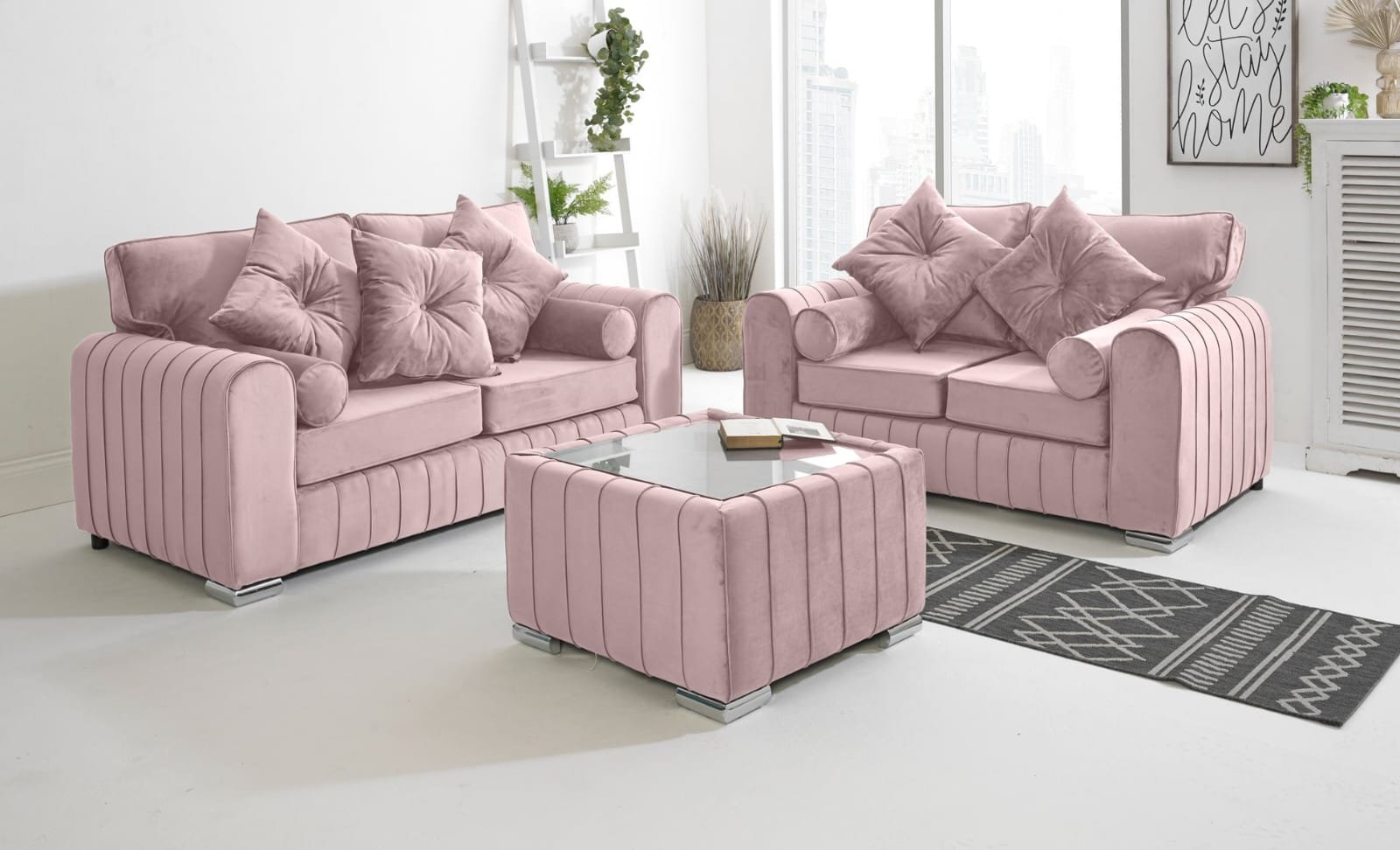 Lilly Sofa 3+2 Seater with Footstool – Luxury Pink Velvet Sofa Set