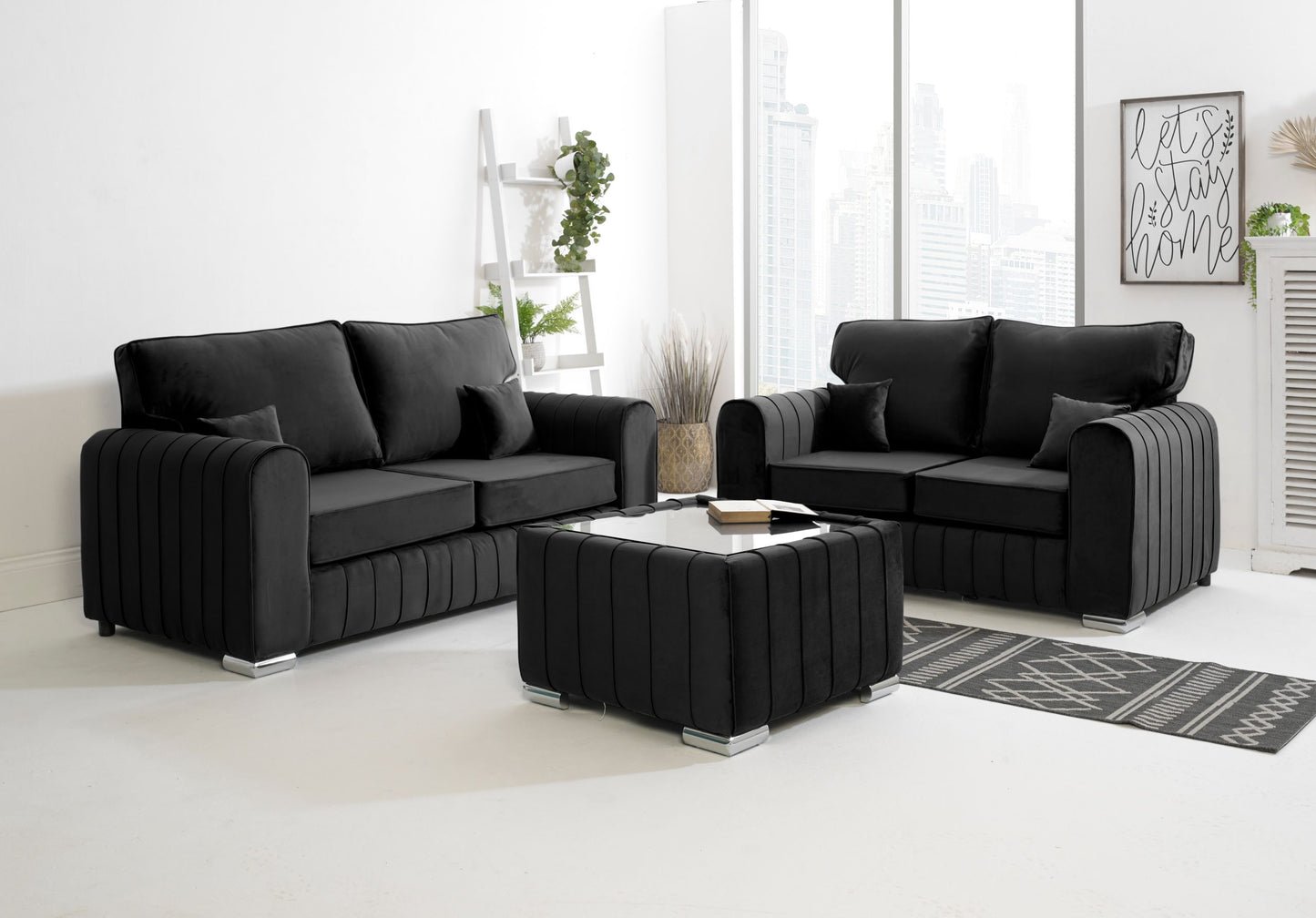 Lilly Sofa 3+2 Seater with Footstool – Luxury Pink Velvet Sofa Set