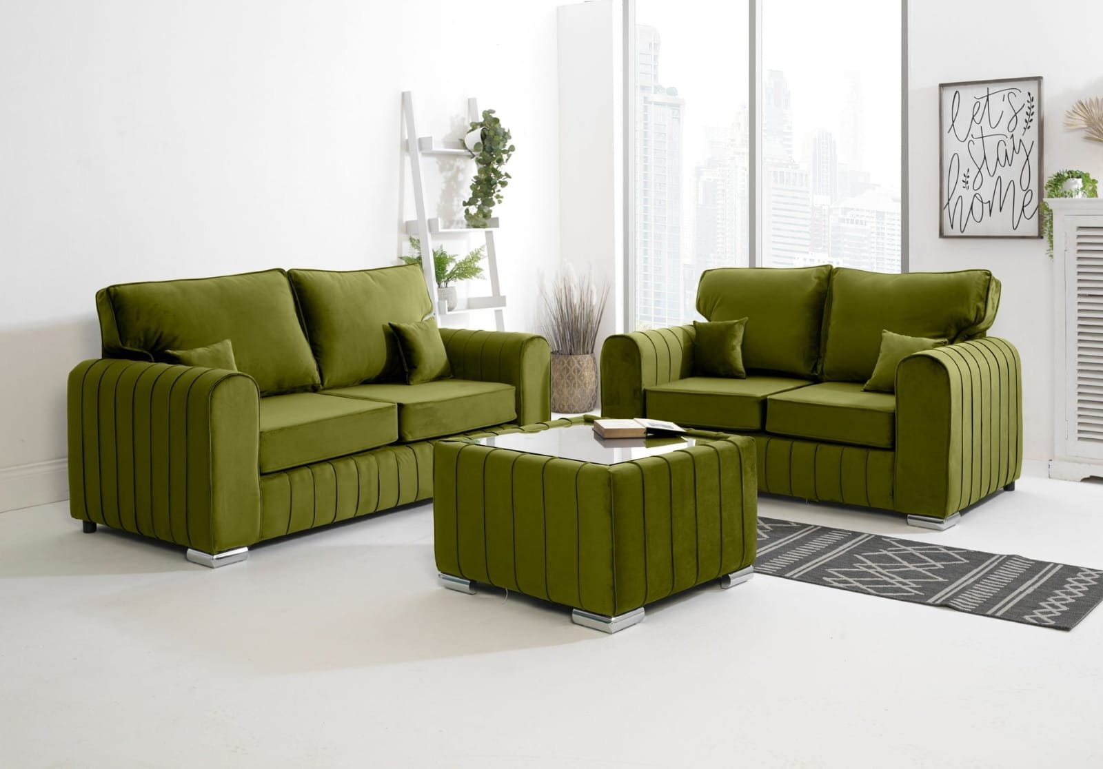 Lilly Sofa 3+2 Seater with Footstool – Luxury Pink Velvet Sofa Set